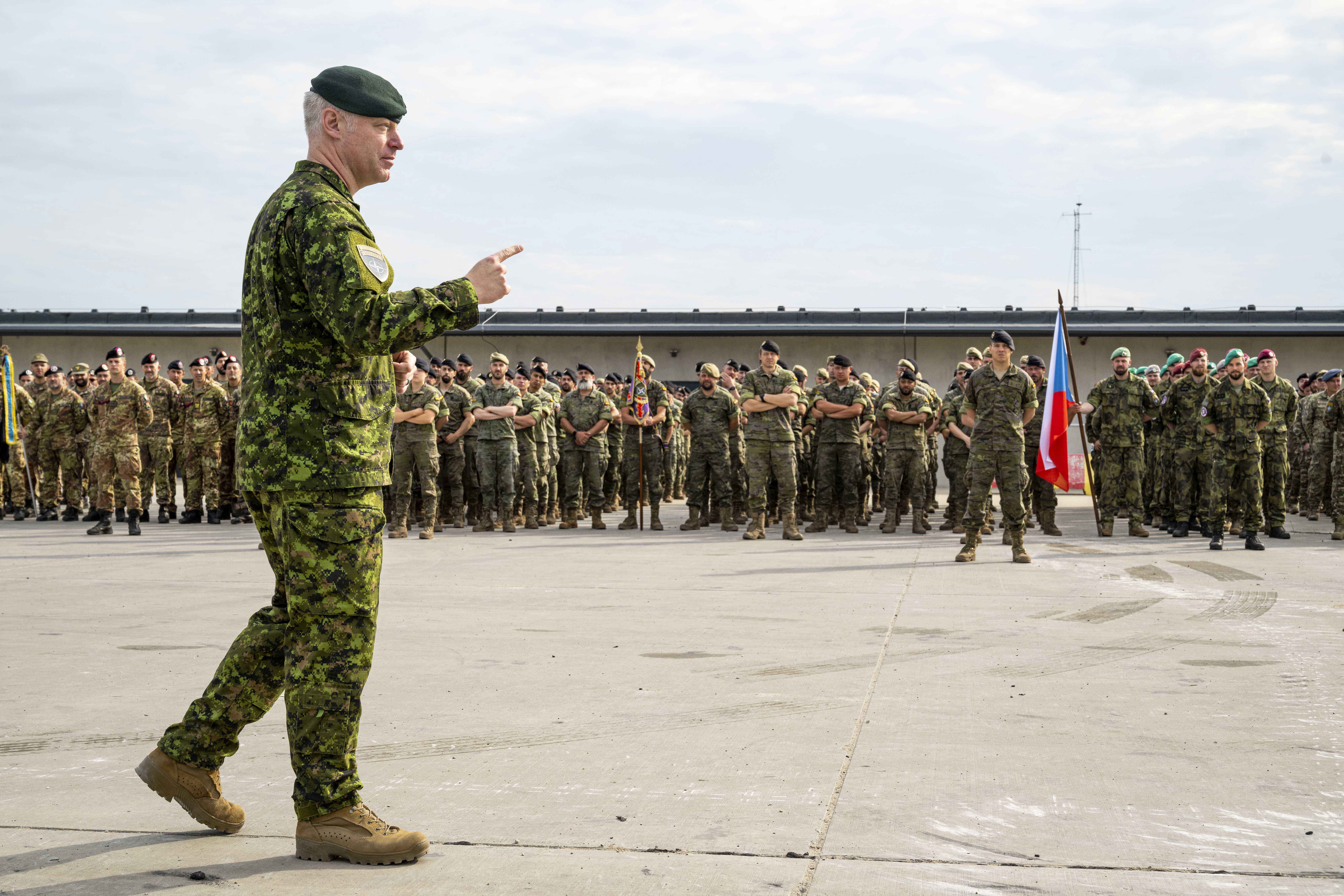 LCol Vincent addresses battle group members at Camp Adazi, Latvia on June 17, 2023  Credit: Cpl. Lynette Ai Dang, eFB BG Latvia Imagery Section, CAF