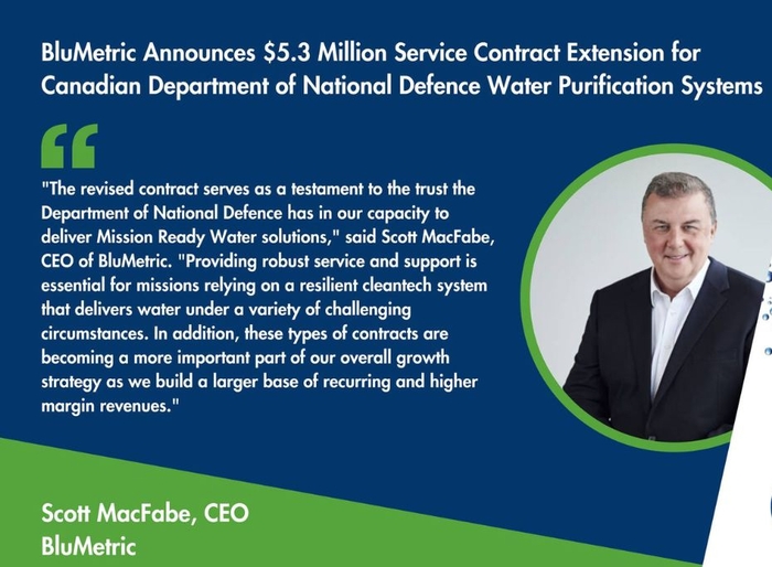 BluMetric Announces $5.3 Million Service Contract Extension for DND Water Purification Systems